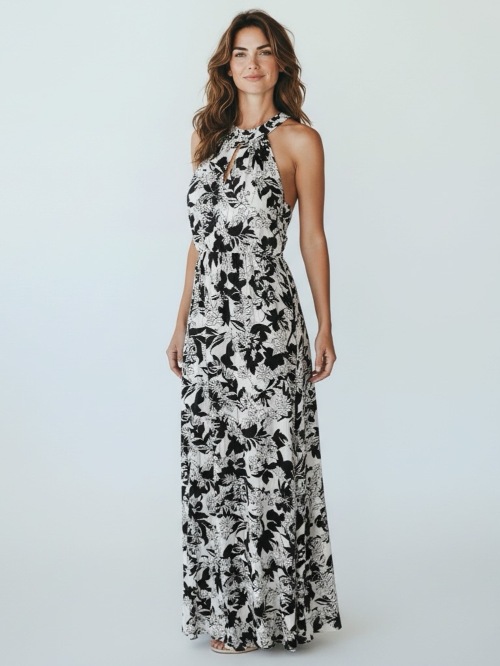 New INC Dress Halter Neck Black & White Floral Maxi Dress size M